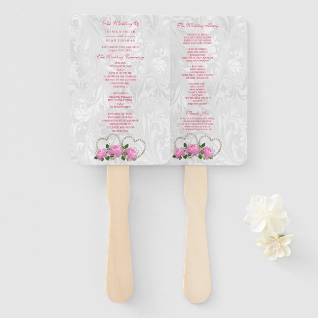 Pearl Hearts & Roses Damask Wedding Program Hand Fan (Front and Back)