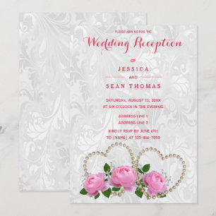 Pearl Hearts & Roses Damask Wedding Reception Invitation