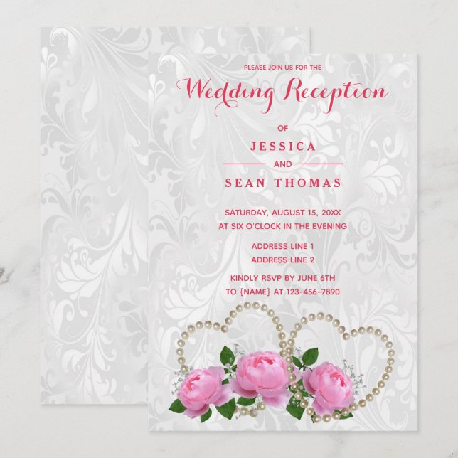 Pearl Hearts & Roses Damask Wedding Reception Invitation (Front/Back)