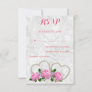 Pearl Hearts & Roses Damask Wedding RSVP Card