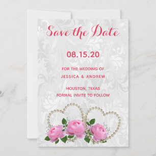 Pearl Hearts & Roses Damask Wedding Save The Date