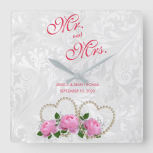 Pearl Hearts & Roses Damask Wedding Square Wall Clock