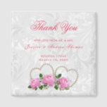 Pearl Hearts & Roses Damask Wedding Thank You Magnet<br><div class="desc">Elegant stylish pearls and flowers Wedding favour thank you magnets. All text, text colour, font and background colour is fully customisable to meet your requirements. If you need help to customise your product or would like matching products please contact me through my store and i will be very happy to...</div>