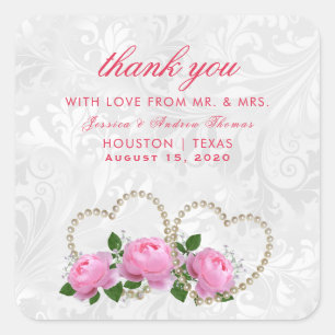 Pearl Hearts & Roses Damask Wedding Thank You Square Sticker