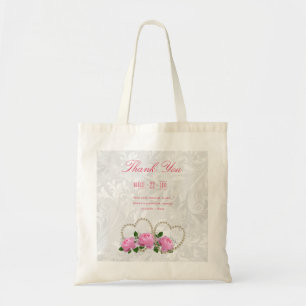 Pearl Hearts & Roses Damask Wedding Thank You Tote Bag