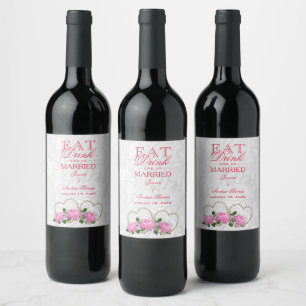 Pearl Hearts & Roses Damask Wedding Wine Label