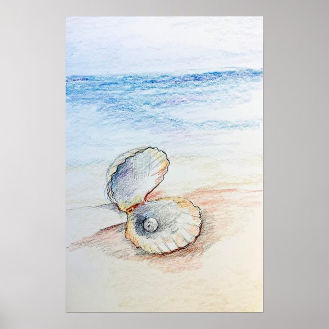 Pearl In Clam Shell Ocean Beach Waves  Poster (Front)