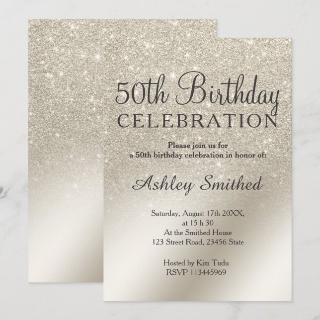 pearl ivory glitter ombre metallic 50th birthday invitation (Front/Back)