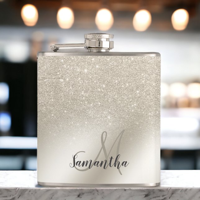 pearl ivory glitter ombre metallic foil monogram hip flask (pearl ivory glitter ombre metallic foil monogram flask)