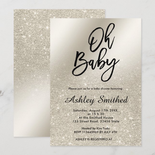 pearl ivory glitter ombre metallic Oh baby shower Invitation (Front/Back)