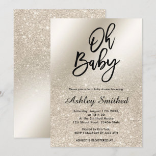 pearl ivory glitter ombre metallic Oh baby shower Invitation
