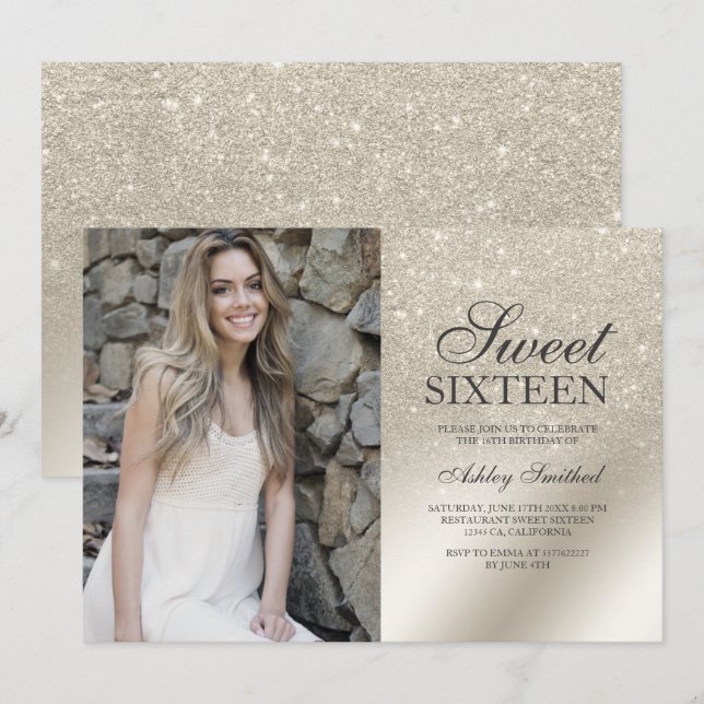 pearl ivory glitter ombre metallic photo Sweet 16 Invitation (Front/Back)