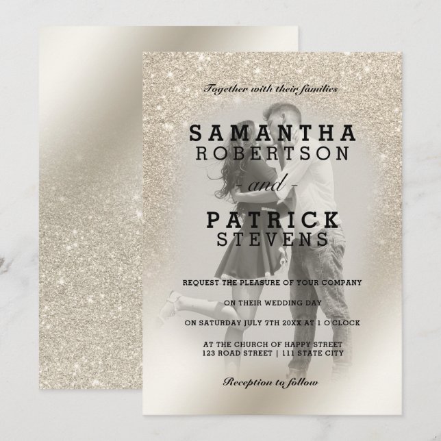 pearl ivory glitter ombre metallic photo wedding invitation (Front/Back)