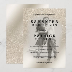 pearl ivory glitter ombre metallic photo wedding invitation