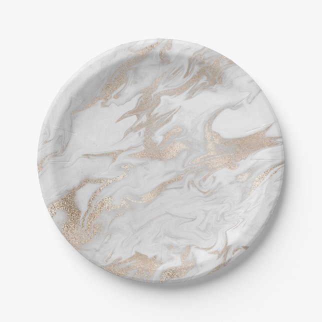 Pearl Ivory Titanium White Gold Marble Party Vip Paper Plate (Front)