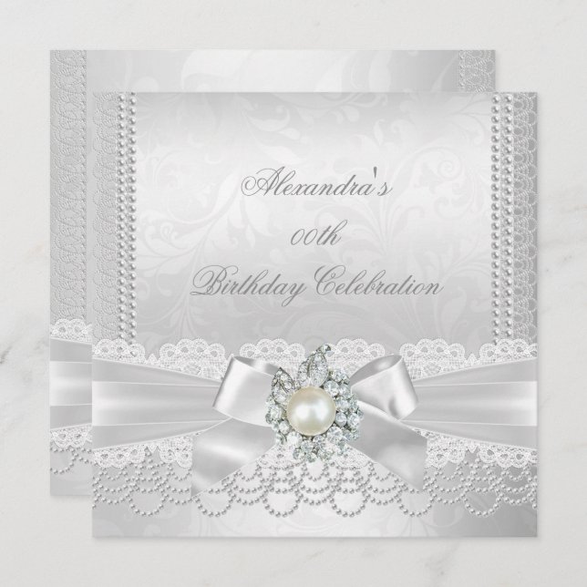Pearl Lace Damask Diamond Silver White Bow Party Invitation (Front/Back)