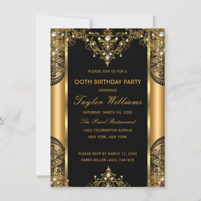 Pearl Lace Gold Black Glamour Birthday Party 2 Invitation (Front)
