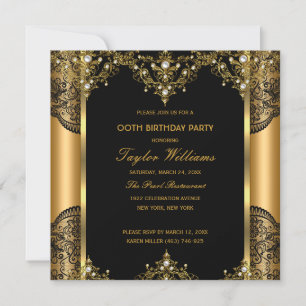 Pearl Lace Gold Black Glamour Birthday Party 2 Invitation