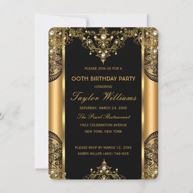 Pearl Lace Gold Black Glamour Birthday Party 2 Invitation (Front)
