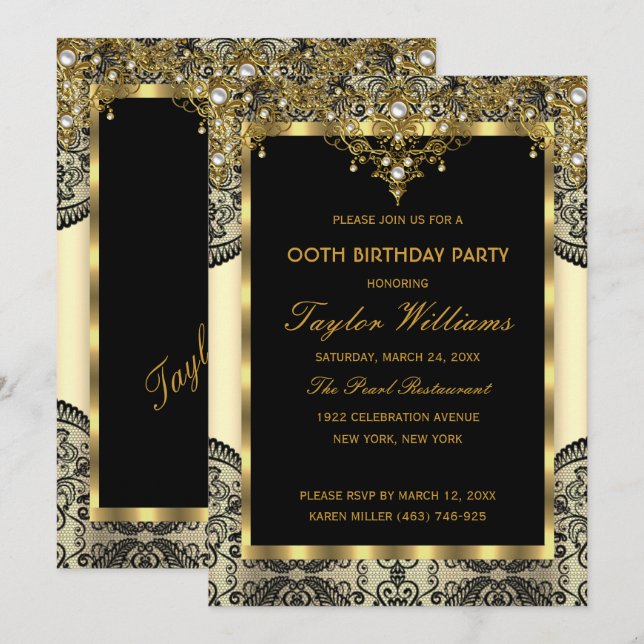Pearl Lace Gold Cream Glamour Birthday Party Invitation (Front/Back)