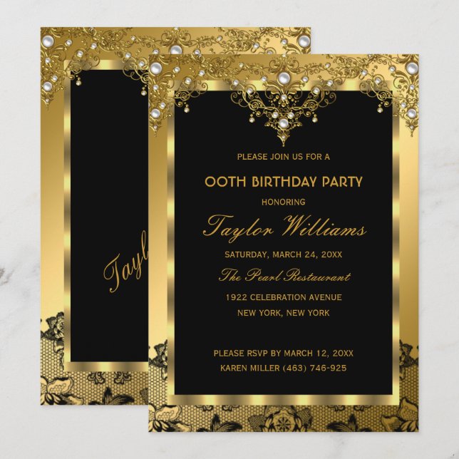 Pearl Lace Gold Vintage Glamour Birthday Party Invitation (Front/Back)