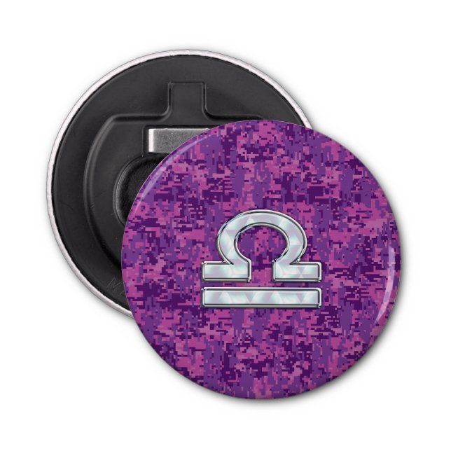 Pearl Libra Zodiac Sign on Fuchsia Digital Camo Bottle Opener (Front)