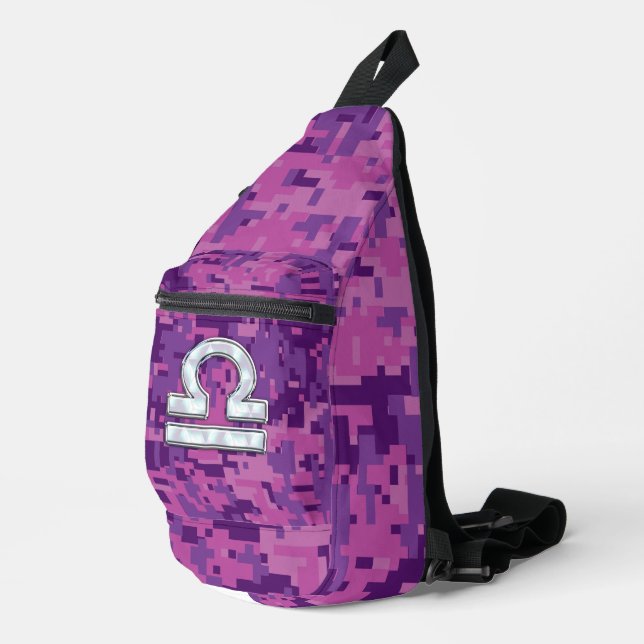 Pearl Libra Zodiac Sign on Fuchsia Digital Camo Sling Bag (Right Corner)