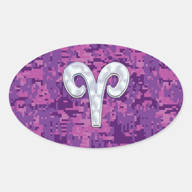 Pearl Like Aries Symbol on Pink Digital Camo Oval Sticker (Front)
