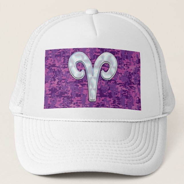 Pearl Like Aries Symbol on Pink Digital Camo Trucker Hat (Front)