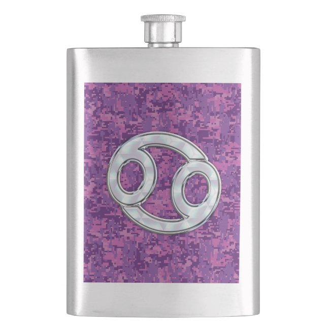Pearl Like Cancer Zodiac Symbol on Digital Camo Hip Flask (Front)