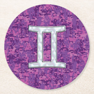 Pearl Like Gemini Zodiac Sign on Digital Camo Round Paper Coaster