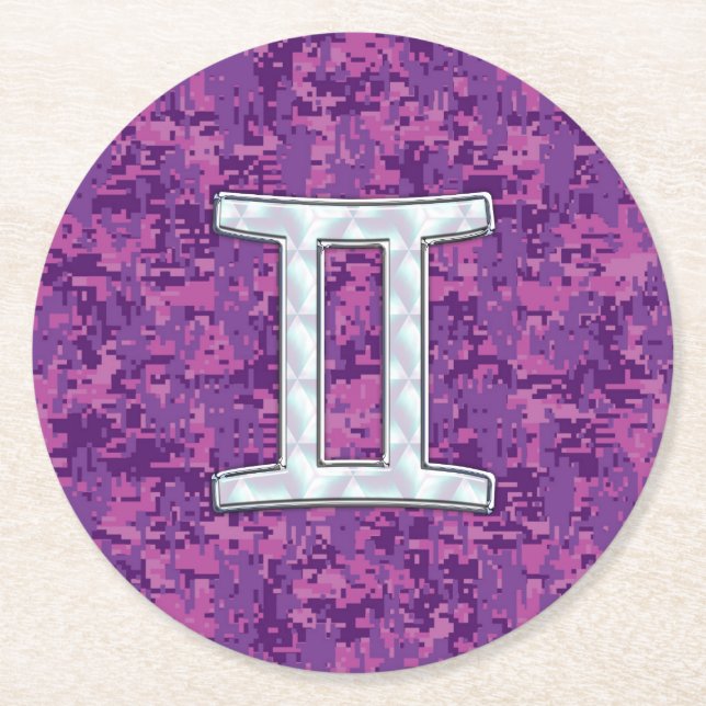 Pearl Like Gemini Zodiac Sign on Digital Camo Round Paper Coaster (Front)