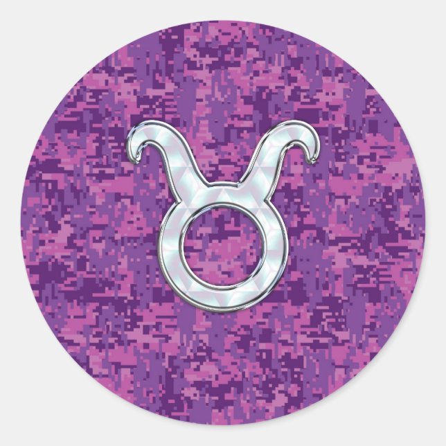Pearl Like Taurus Zodiac Sign on Pink Digital Camo Classic Round Sticker (Front)