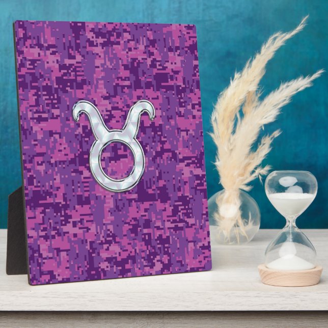 Pearl Like Taurus Zodiac Sign on Pink Digital Camo Plaque (Side)