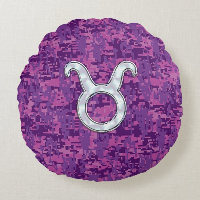 Pearl Like Taurus Zodiac Sign on Pink Digital Camo Round Cushion (Front)