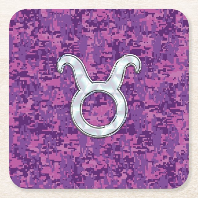 Pearl Like Taurus Zodiac Sign on Pink Digital Camo Square Paper Coaster (Front)