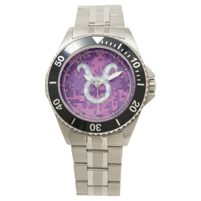 Pearl Like Taurus Zodiac Symbol on Digital Camo Watch (Front)