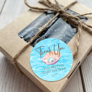 Pearl On the Way Seashell Girl Baby Shower Script Classic Round Sticker
