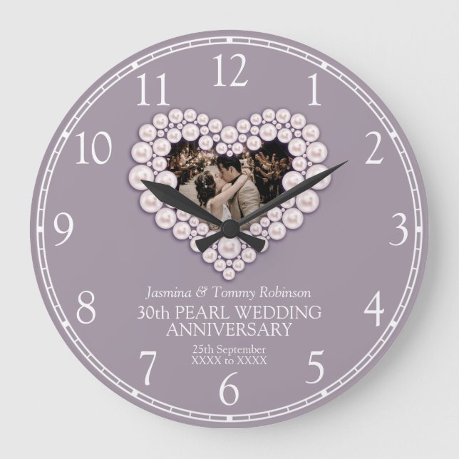 Pearl photo heart 30th wedding anniversary numbers large clock (Front)