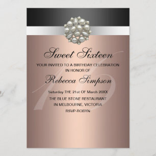 Pearl Pink & Black Sweet 16 Birthday Invitation