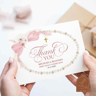 Pearl Pink Boho First Holy Communion Thank You Card