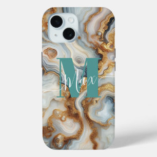 Pearl Pink Botswana Agate Golden Custom Monogram iPhone 15 Case
