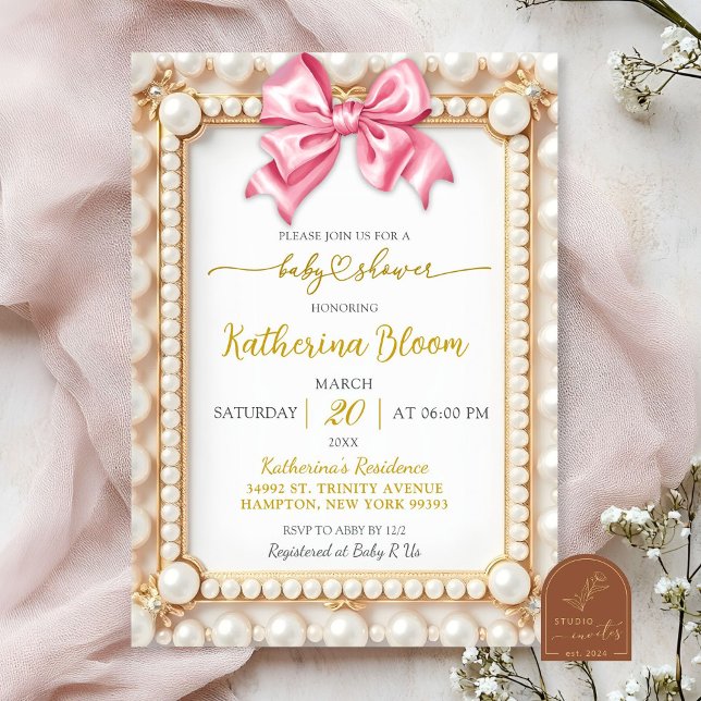 Pearl Pink Bow Baby Shower Invitation (Creator Uploaded)