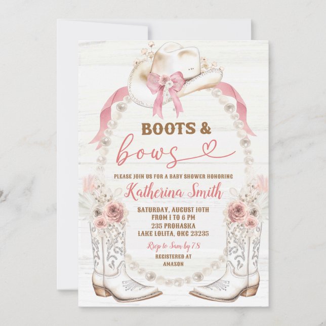 Pearl Pink Bow Coquette Boots and Bow Baby Shower Invitation (Front)