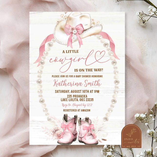 Pearl Pink Bow Coquette Cowgirl Baby Shower  Invitation (Creator Uploaded)