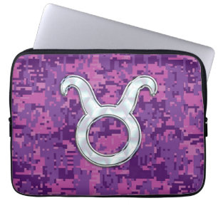 Pearl Pink Taurus Zodiac Sign on Digital Camo Laptop Sleeve