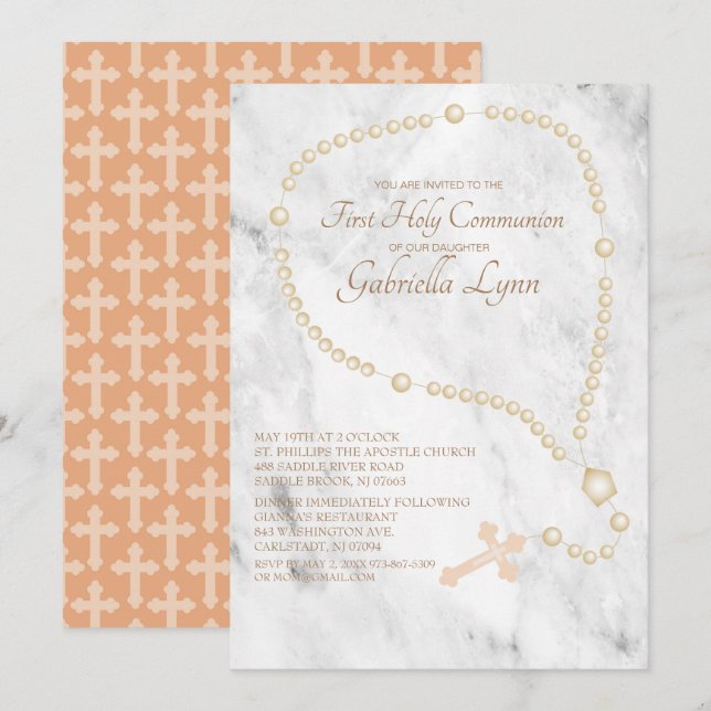 Pearl  Rosary Beads First Holy Communion Invitation (Front/Back)