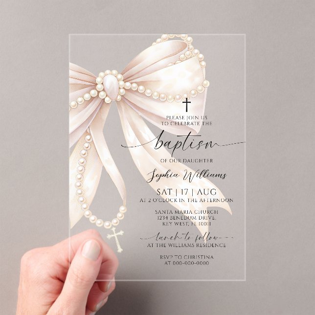 Pearl Rosary Bow Baptism Acrylic Invitations (Insitu (Handheld))