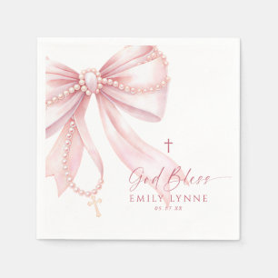 Pearl Rosary Pink Bow Baptism Napkin