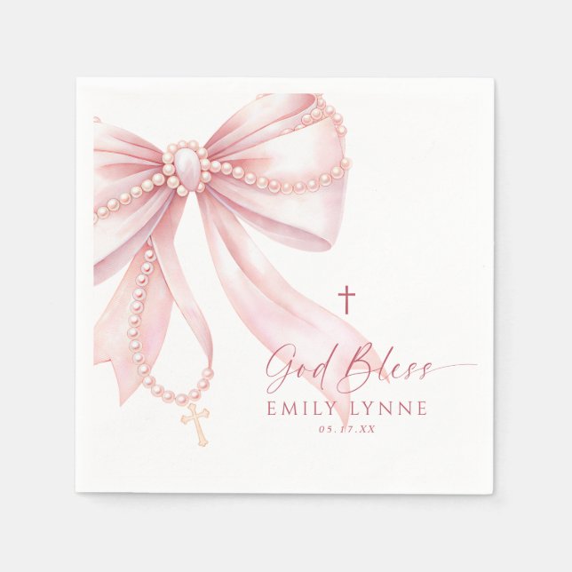 Pearl Rosary Pink Bow Baptism Napkin (Front)